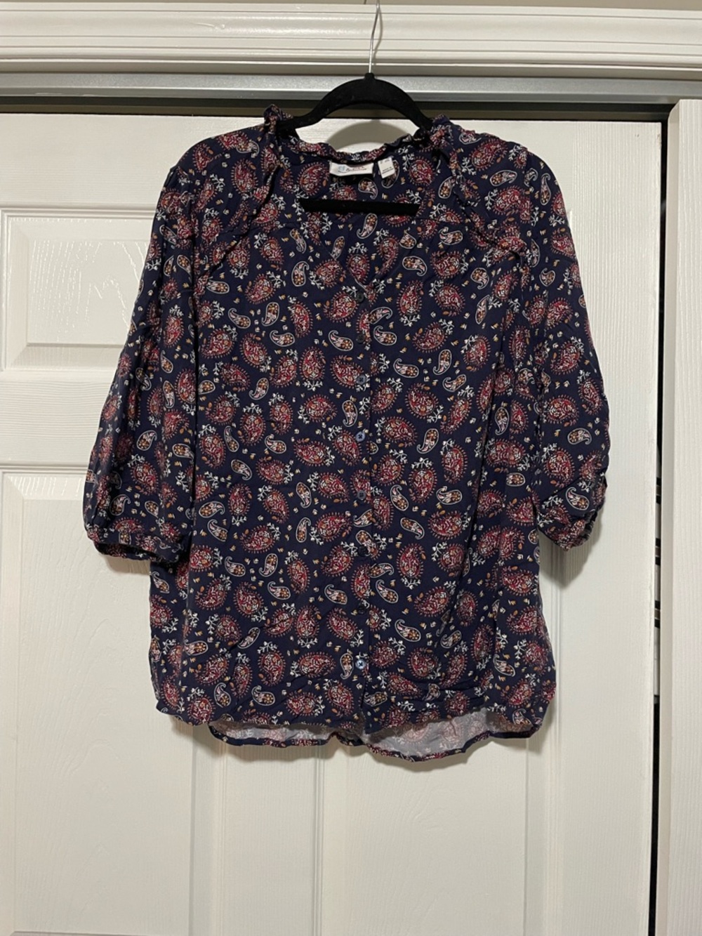 Denim&Co Navy Paisley Tie-Neck Quarter Sleeve Blouse